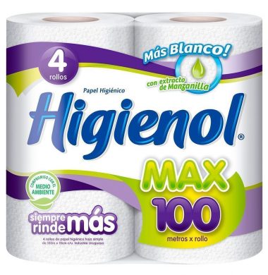 HIGIENOL papel higienico max hoja simple 100m x4u.